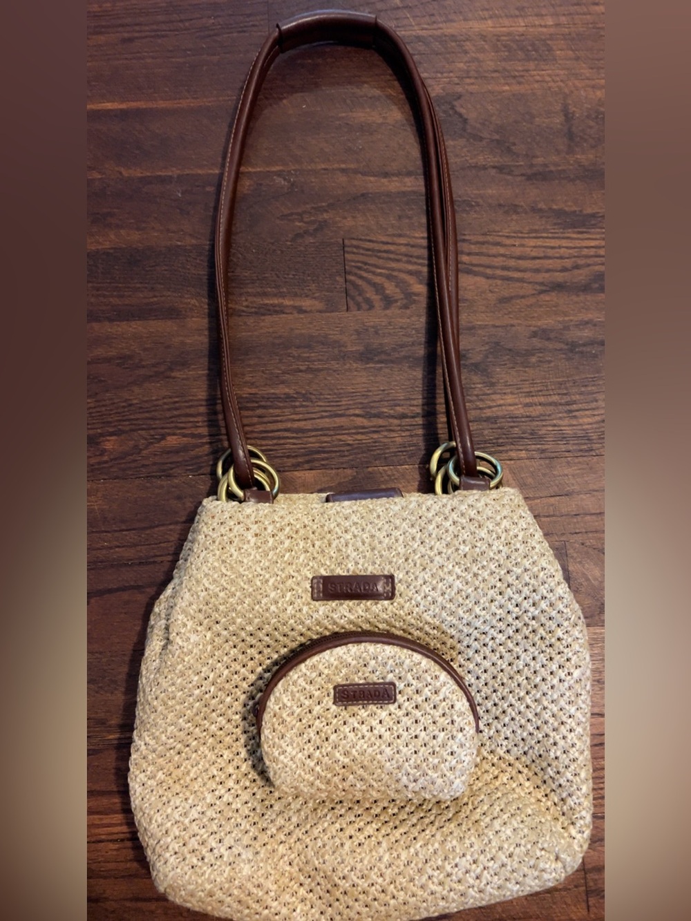 Strada Cream Woven Shoulder Bag with Brown Handles